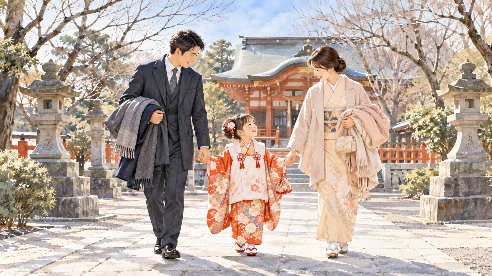 冬の神社で着物姿の子どもと両親が歩く七五三のイメージ