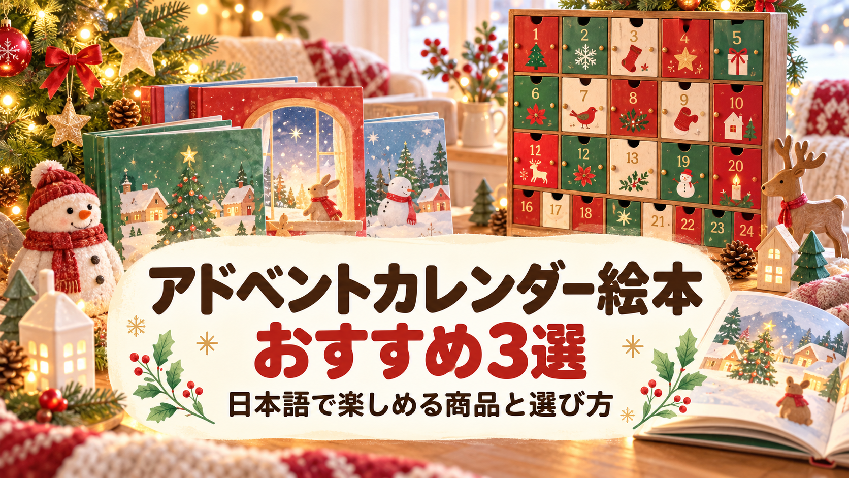 アドベントカレンダーとクリスマスの絵本を並べたイメージ