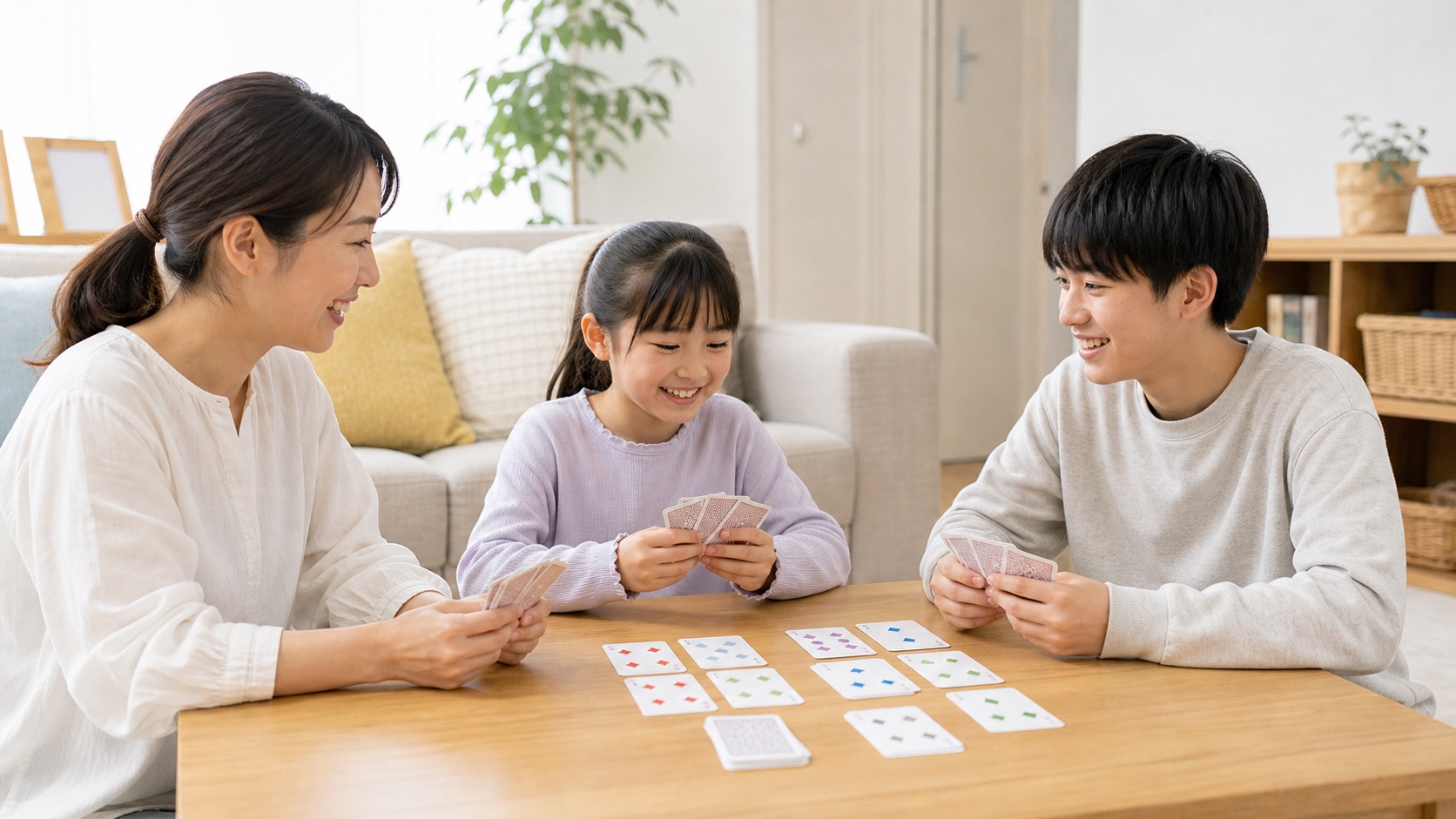 年齢差のある兄弟と母親がカードゲームを楽しむ様子