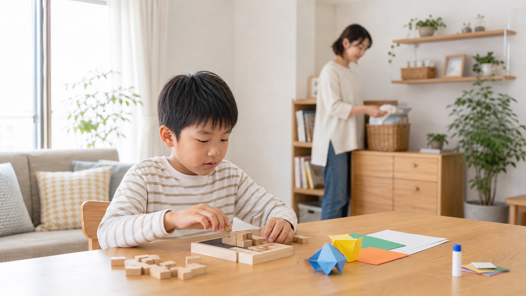母親が家事をする間にパズルと工作を楽しむ小学生