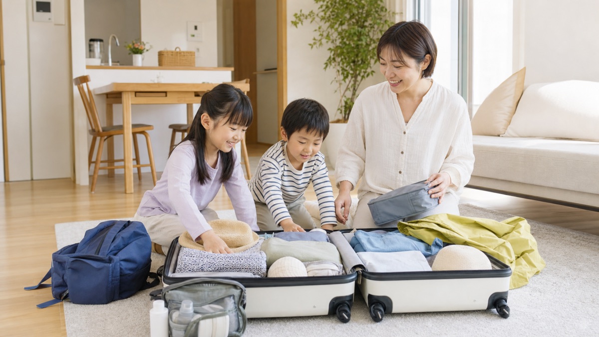 小学生の子どもと家族旅行の持ち物を準備する母親