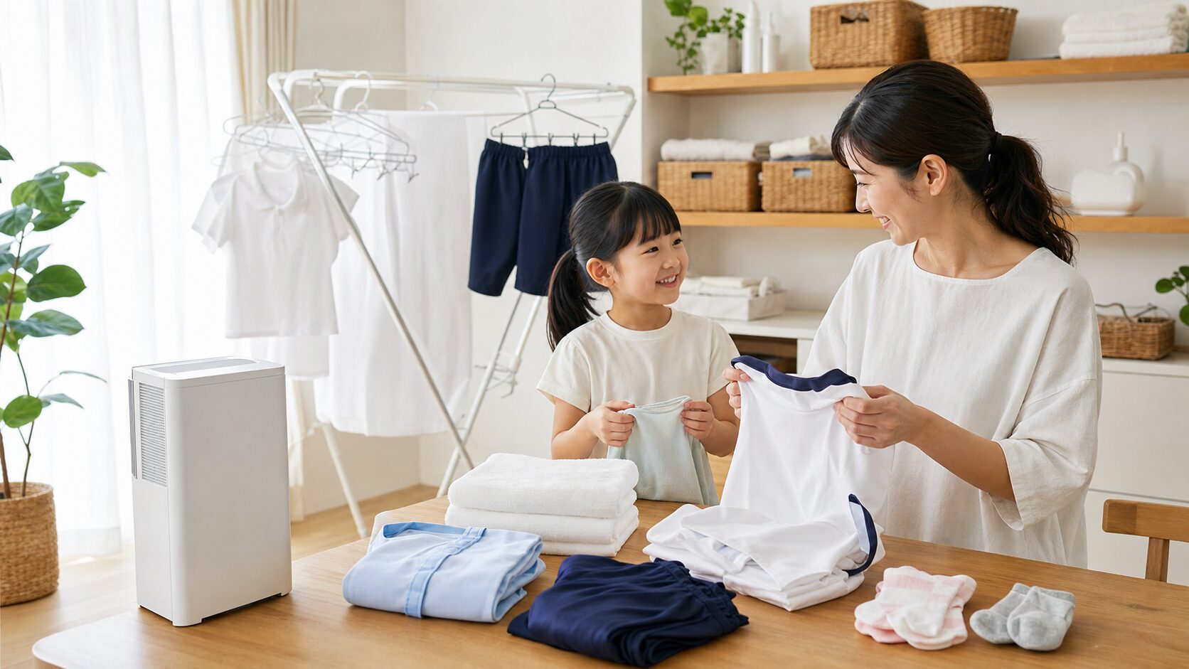 小学生の体操服や給食エプロンを明るい室内に干している家庭のイメージ