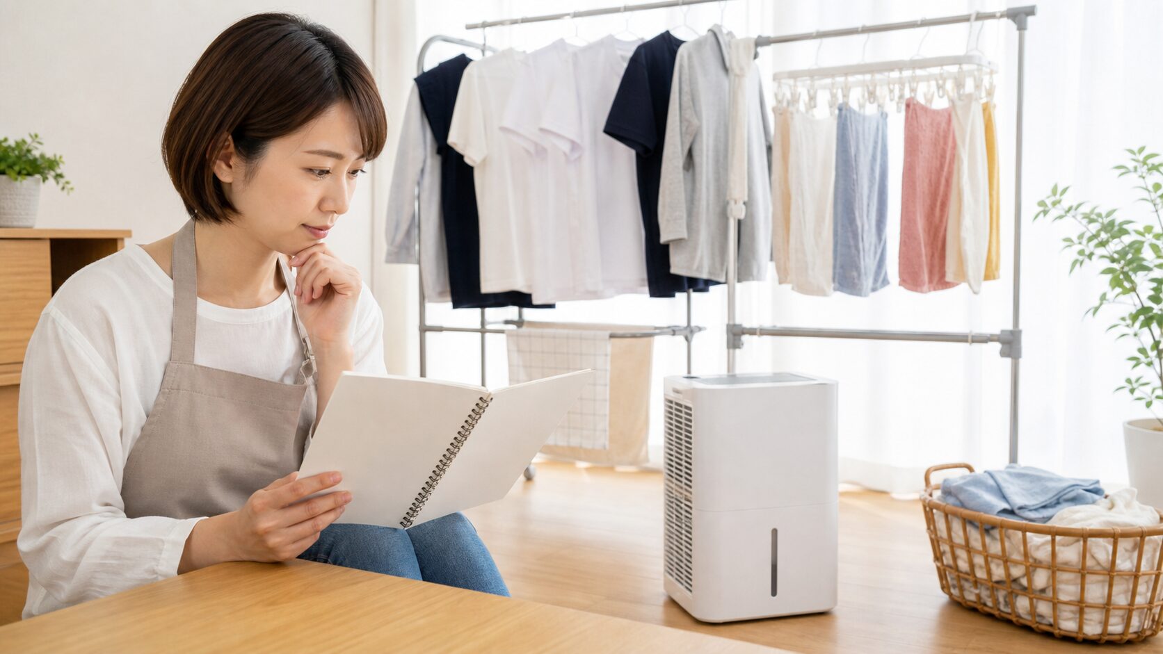 家計簿と洗濯物の近くに衣類乾燥除湿機が置かれている明るい室内のイメージ