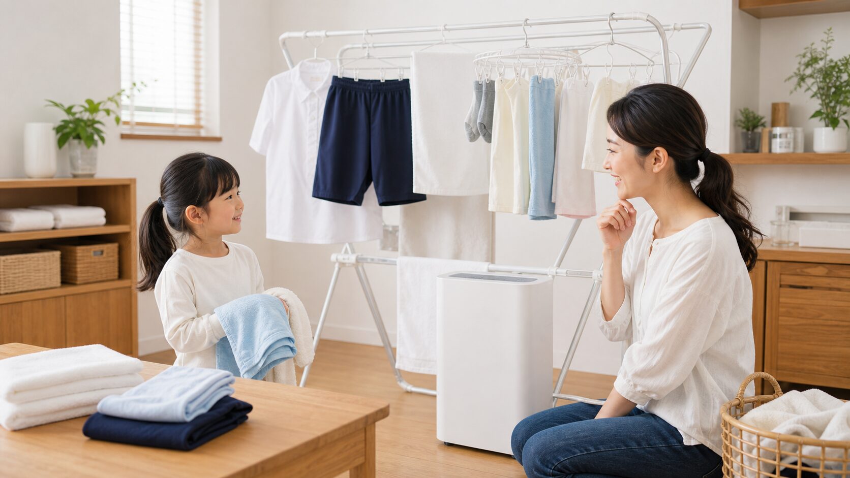 明るいリビングで衣類乾燥除湿機を比較している子育て家庭のイメージ