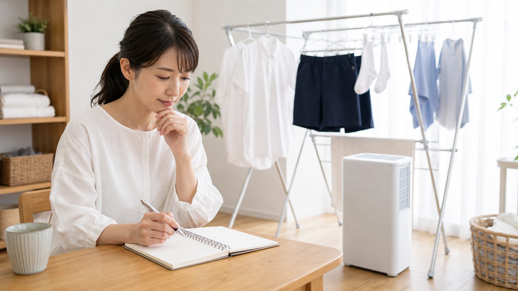 家計簿を確認しながら部屋干しする子育て家庭の明るい室内イメージ