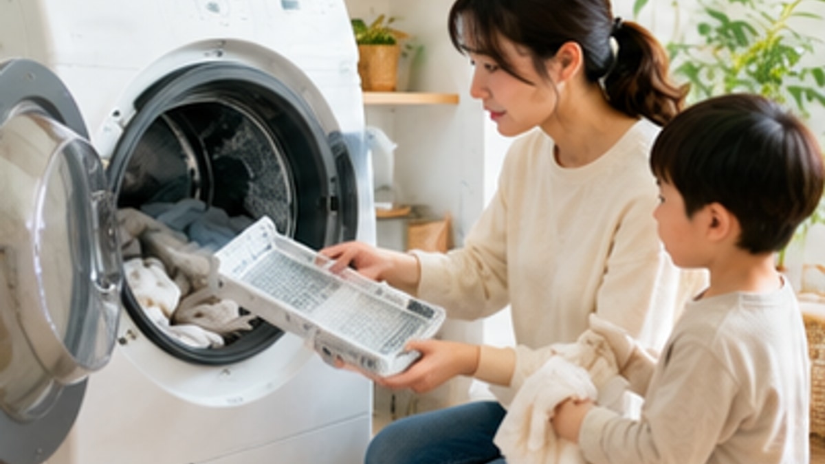 ドラム式洗濯乾燥機の乾燥フィルターを確認する親子