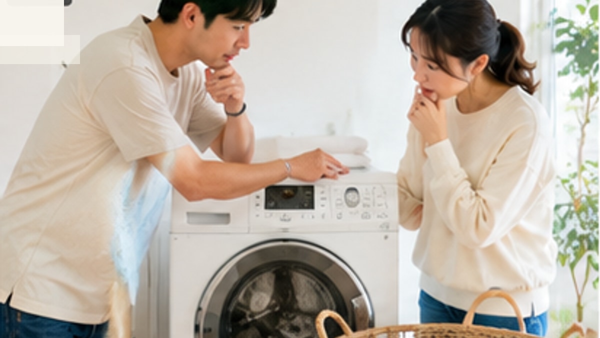 洗濯乾燥機の修理が必要か操作パネルを確認する夫婦