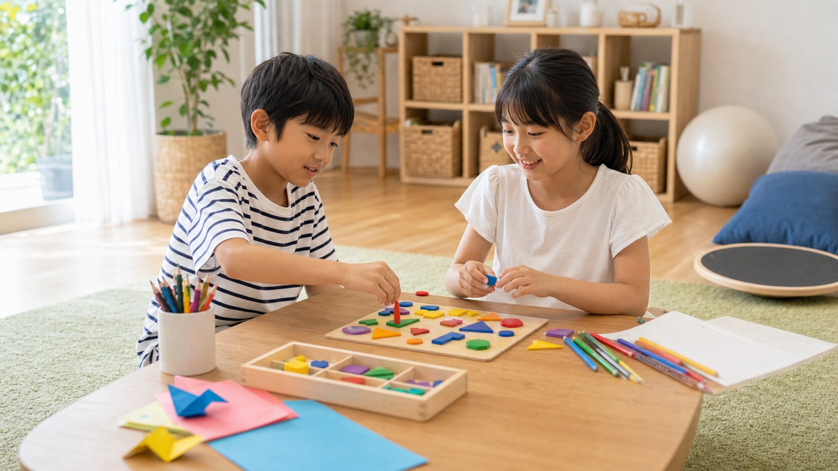 ゲーム以外の室内遊びを楽しむ小学生の兄妹