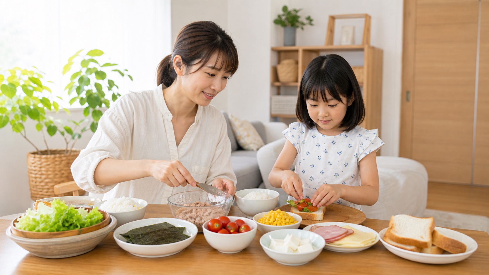火を使わない夏休みの昼ごはんを準備する日本人親子