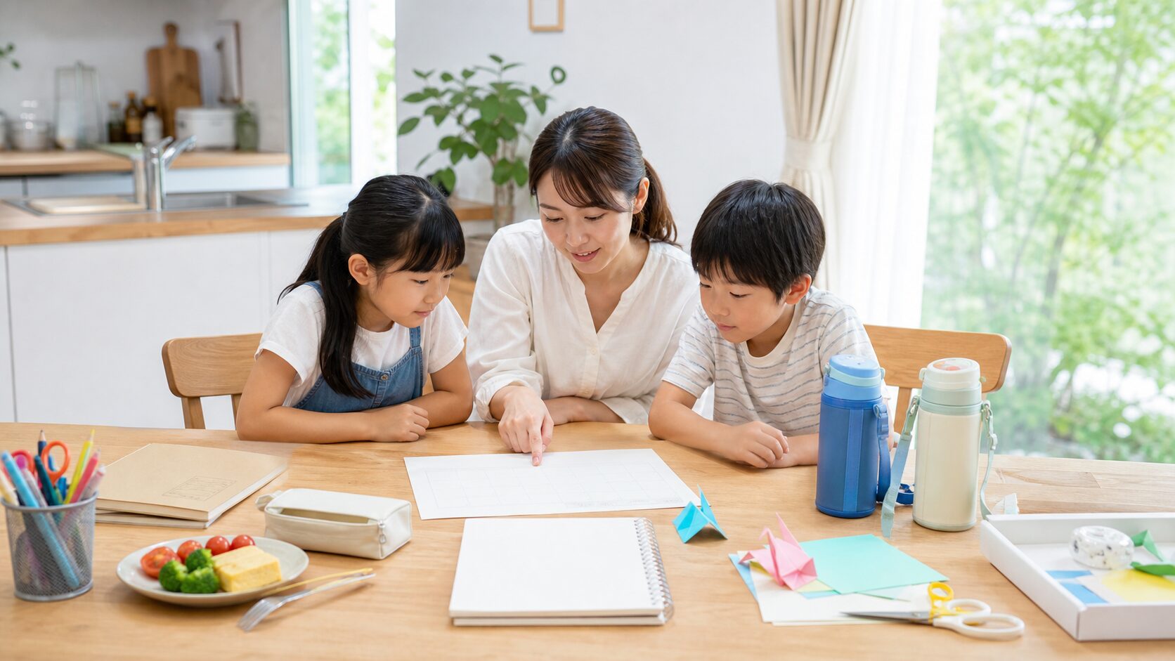 夏休みの過ごし方を親子で相談する小学生家庭