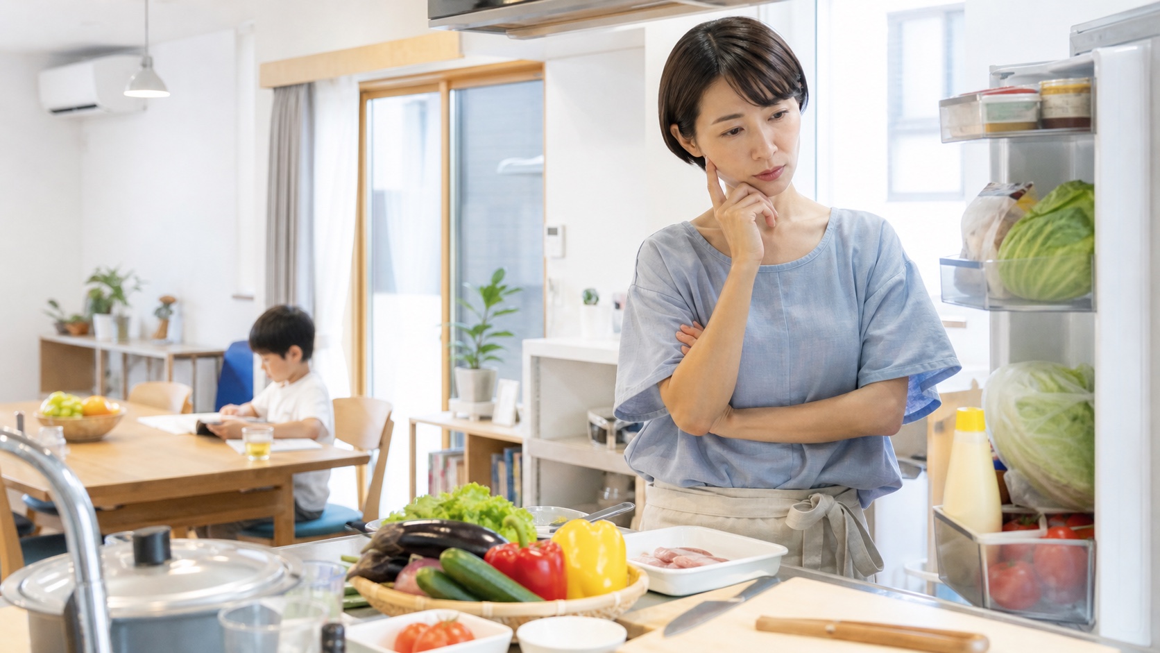 夏休みの昼ごはんの献立に悩む日本人の母親