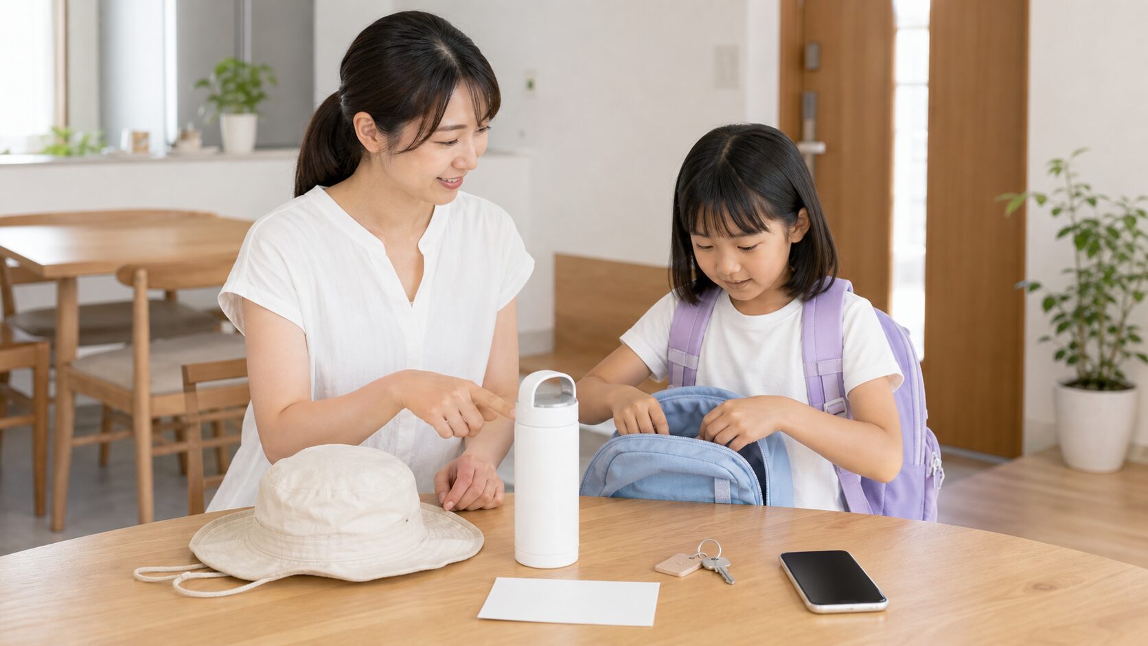 夏休みの留守番と外出前に持ち物を確認する親子
