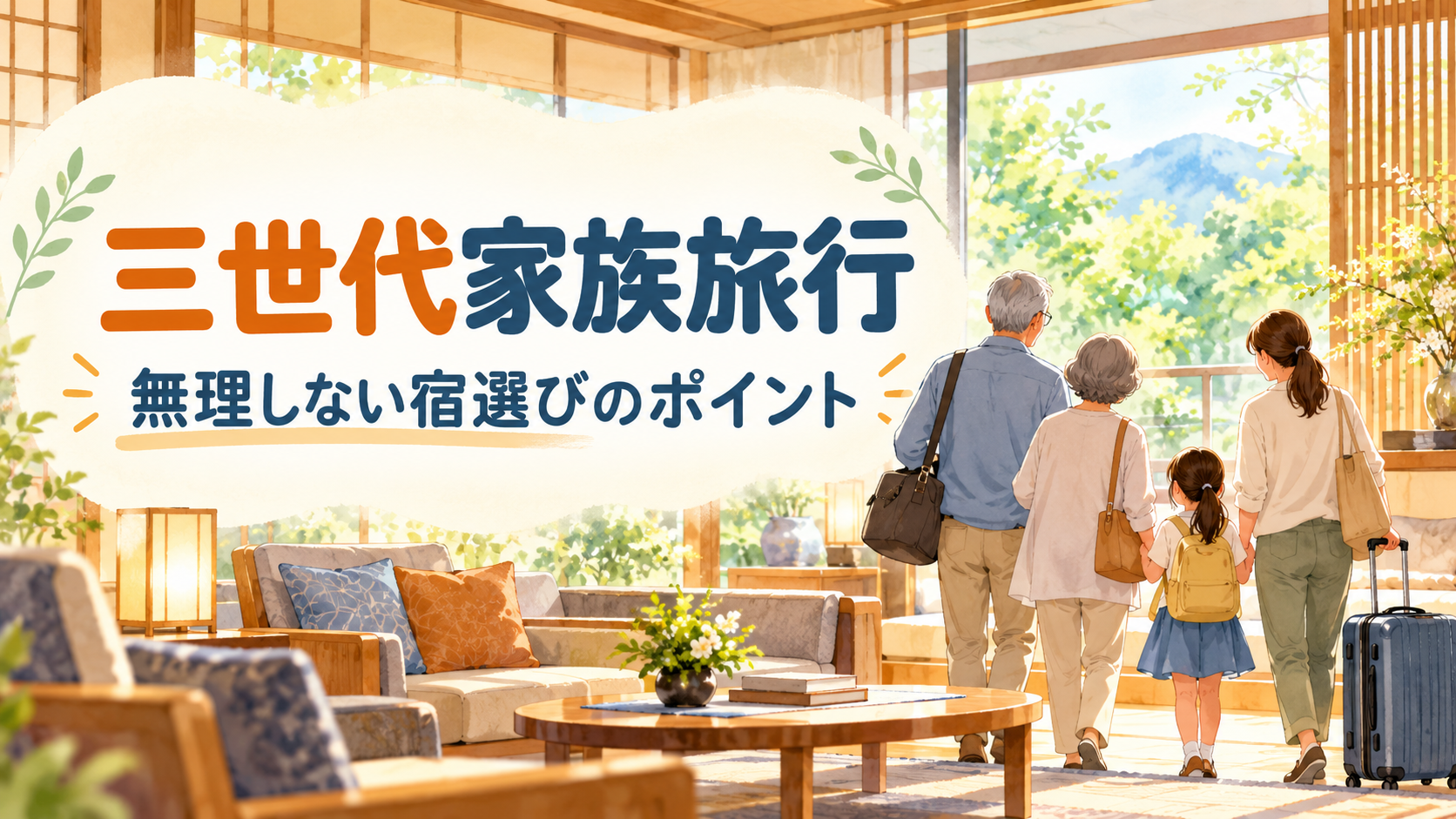 明るい宿のラウンジを歩く祖父母・親・小学生と「三世代家族旅行 無理しない宿選びのポイント」の文字