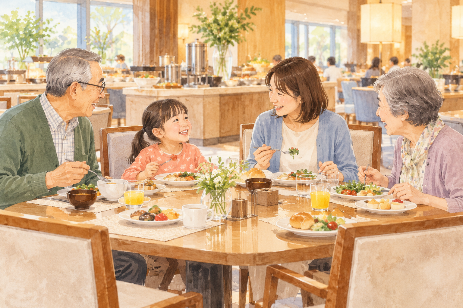 ホテルのレストランで食事を楽しむ祖父母・親・小学生の三世代家族のイラスト