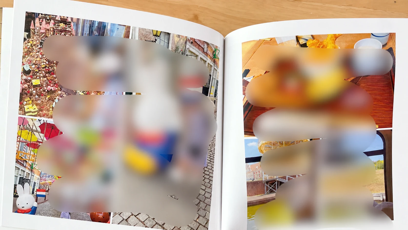 複数の旅行写真を配置した我が家のフォトアルバムの見開き