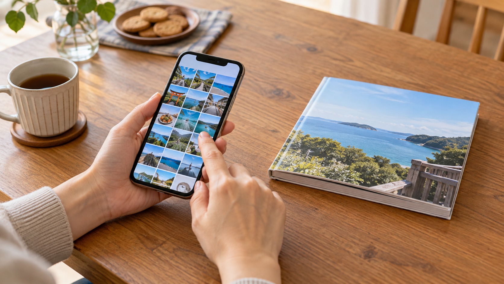 スマホで旅行写真を選びながらフォトアルバムを作るイメージ